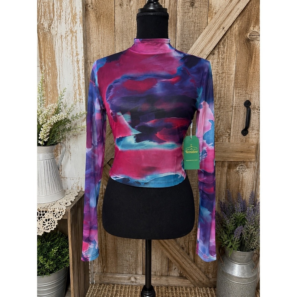 Remidoo XL Abstract Watercolor Mesh Top Sheer Long Sleeve Y2K Festival Layering